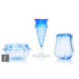 A small 1930s Gray-Stan glass vase, of slender fluted form, decorated with a graduated blue tint and