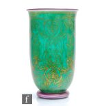 A contemporary Isle of Wight Glass Gold Bands graal glass vase by Timothy Harris, of footed sleeve