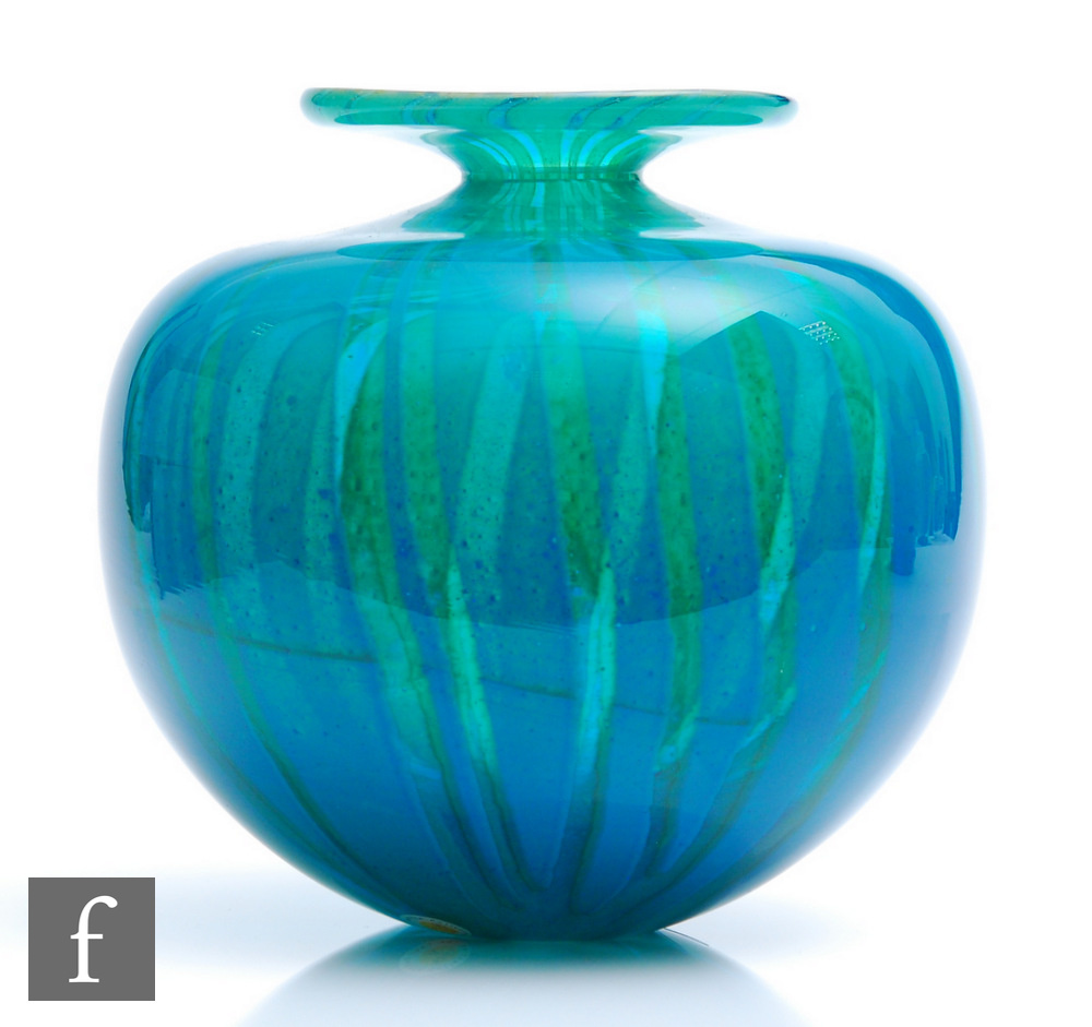 A large 20th Century Mdina glass vase, of compressed ovoid form with flared flat rim, decorated in