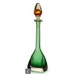 A 1960s Murano sommerso glass decanter, the tapering square base rising to a tall collar neck, the