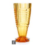 A 20th Century continental glass vase, of tapered cylindrical footed form, with angular cut panels