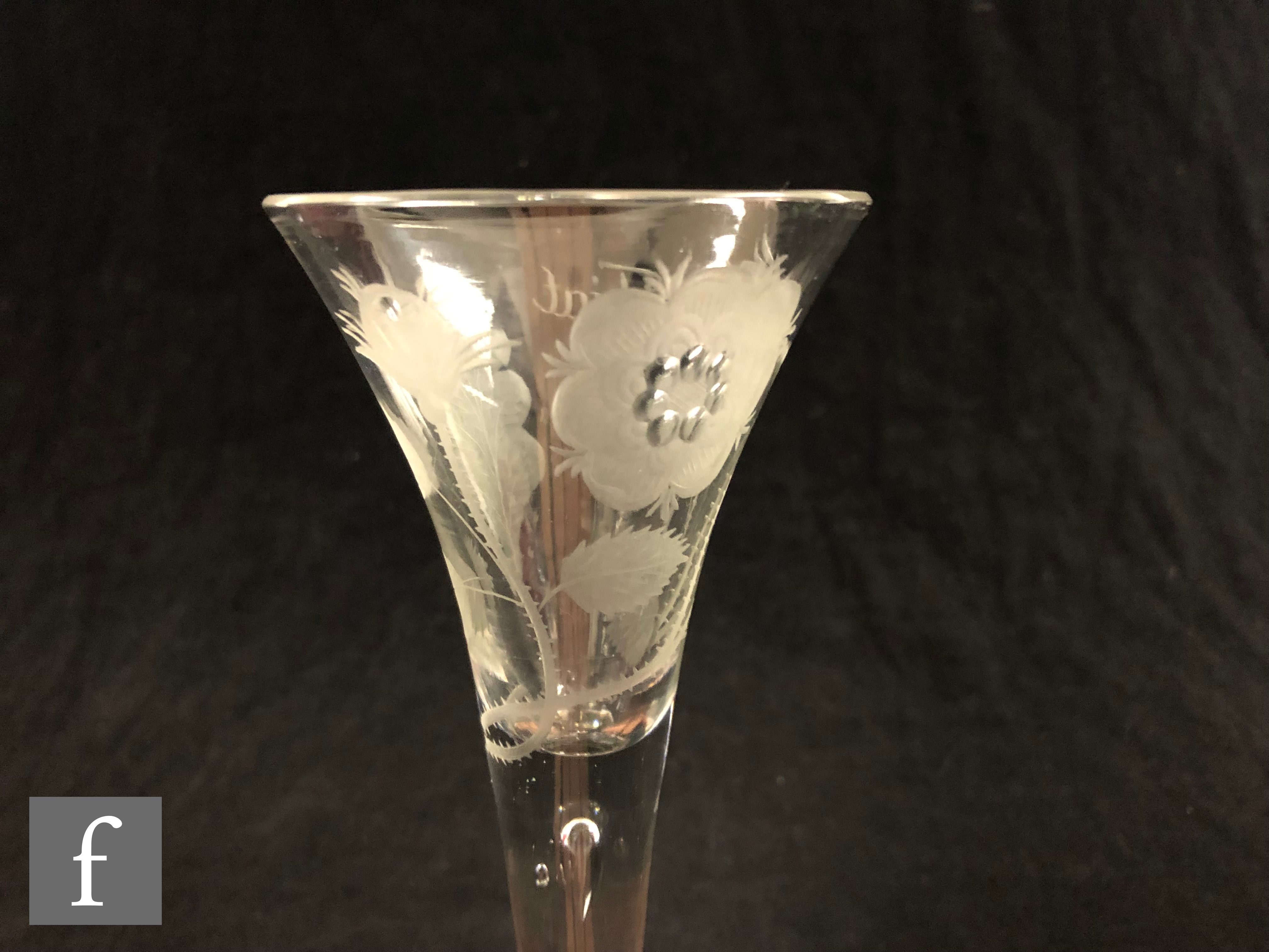 An 18th Century Jacobite two piece drinking glass, circa 1750, the drawn trumpet bowl engraved - Image 2 of 9