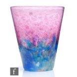 A 1930s Monart glass vase, shape BE, of tumbler form, in a graduated mottled pink to blue and green,