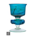 A later 20th Century Mdina winged goblet with a tonal blue and green bowl with flared stem, raised