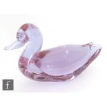 A 20th Century Italian Murano glass sculpture of a stylised duck by Zanetti, all in a dichoric