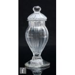 A late Georgian clear crystal glass dry mustard, circa 1800, the fluted cover with ball finial above