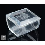 A 20th Century Val St Lambert glass trinket box of square section, the cover engraved with a