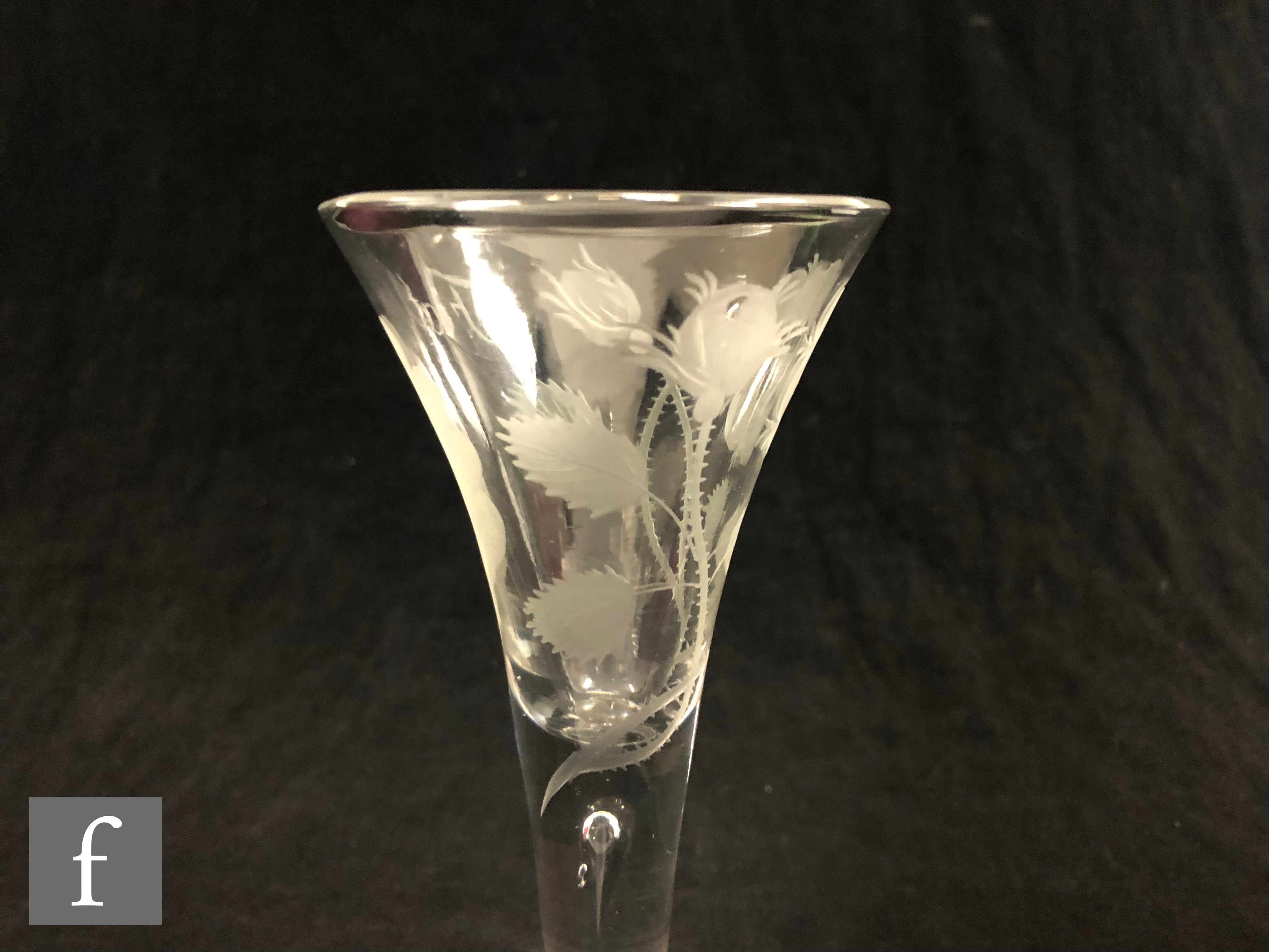 An 18th Century Jacobite two piece drinking glass, circa 1750, the drawn trumpet bowl engraved - Image 3 of 9