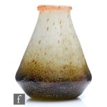 A 1930s Monart glass vase, shape D, of low shouldered tapering form with applied mottled red rim