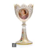 A 19th Century Bohemian goblet in the manner of Moser, the round funnel bowl with high scalloped