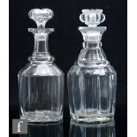 A late Regency clear crystal glass decanter of cylinder form, with pillar moulded body and slice cut