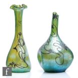 A 20th Century Loetz Papillon glass vase, of triform shape with dimpled sides below a tall collar