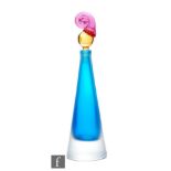 A Bob Crooks contemporary studio glass scent bottle of conical form, the frosted glass with a blue