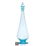A Stevens & Williams decanter designed by Keith Murray, circa 1935, the tall, cone shaped green-blue