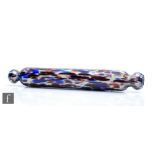 A 19th Century Nailsea style glass rolling pin decorated with red and blue spotting over a white