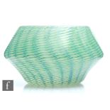 A 1930s Monart Stoneware angular bowl, shape X, the pale green body with a thin green wrythen line