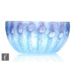 A 1930s Monart glass bowl of circular form decorated with internal tonal blue banded lines over an