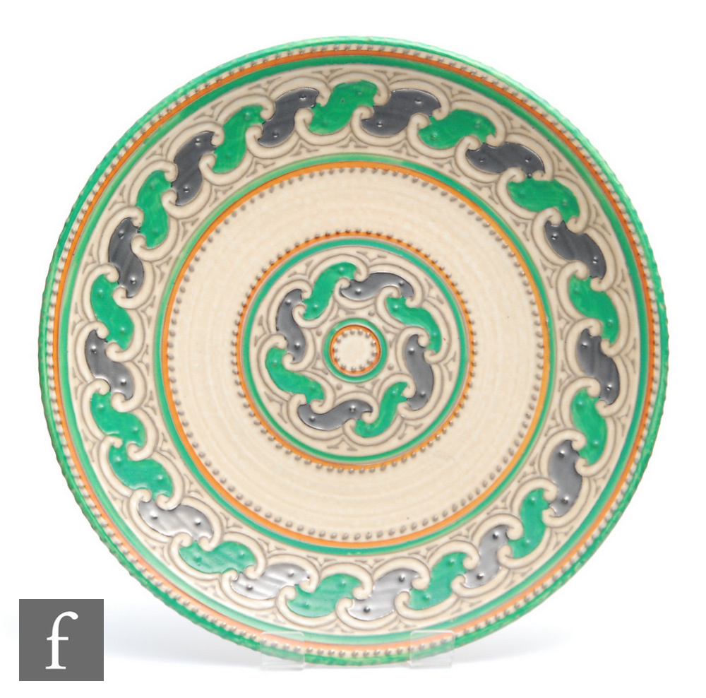 A Charlotte Rhead for Crown Ducal Green Chain pattern plate numbered 4921, diameter 32cm.