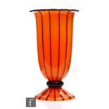 A Loetz Ausfuehrung 157 orange tango glass vase decorated with applied black stripes and rim,