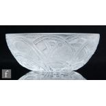 A Lalique Pinsons bowl No. 10-386, frosted and clear glass, relief moulded to the exterior, height