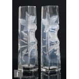 A pair of 20th Century Moser style clear crystal glass vases, of square section, engraved with