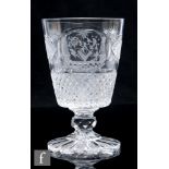 An early 19th Century Masonic glass rummer, the large bucket bowl decorated with two cartouche