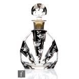 A 1930s Czech Art Deco spirit decanter or cologne bottle by Karl Palda, the facet cut body decorated