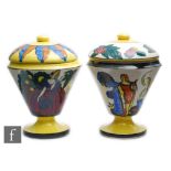 A pair of French Art Deco style hand painted vases and covers each of inverted conical form with a