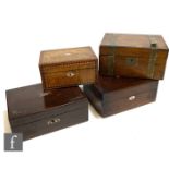 A 19th Century mother of pearl inlaid sewing box and contents, width 30cm, a similar work box, a