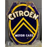 A double sided octagonal enamel advertising sign for 'Citroën Motor Cars', in blue, white and yellow