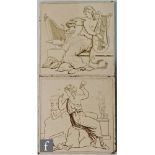 Two Minton Hollins 6 inch tiles from the Arts series depicting Music and Sculpture, in brown and