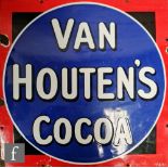 A square wall mounted advertising enamel sign for Van Houten's Cocoa, white letter with a black edge