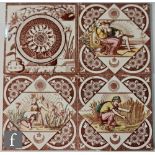 Three T&R Boote 6 inch tiles transfer decorated with scenes titled Childhood, Youth and Manhood,