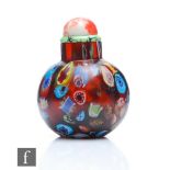 A Chinese mid 20th Century Millefiori and aventurine snuff bottle of rounded globular form, the