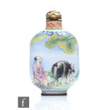 A Chinese Canton enamel snuff bottle, of rounded rectangular form, the copper body painted with