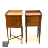 A late 19th to early 20th Century mahogany Gillows style tray top bedside cupboard on reeded legs,