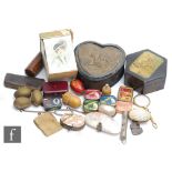 A collection of sewing tools and boxes to include  shell snuff boxes, a pair of lorgnettes and