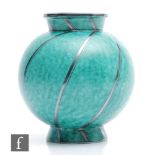 A 1930s Art Deco Gustavsberg Argenta Ware vase designed by Wilhelm Kage, the ovoid body with a