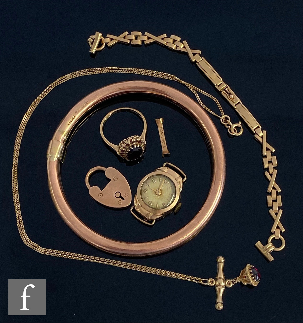 Six 9ct assorted items to include a rose gold bangle, a watch bracelet, a pendant and chain etc,