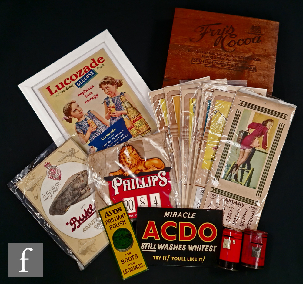 A collection of assorted advertising wares comprising a Fry's Cocoa Malted Cocoa wooden box, an Avon