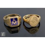 A modern 9ct Masonic signet ring with inset diamond compass and set square and a 9ct Masonic