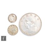 China - Dollar Yuan Shih-Kai, 26.9g, Hong Kong 1898 five cents and a ten Sen coin. (3)