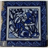 A Copeland 6 inch tile blue on blue titled Riding, depicting an elf riding a snail, S/D.