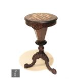 A Victorian inlaid walnut octagonal sewing table, the Tunbridgeware style chequer board inlaid top
