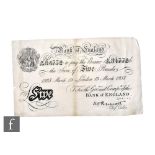 George V - Bank of England 1935 five pound bank note, No 84772, also a series B five pounds helmeted