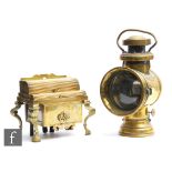 An early brass car lamp No 906, by Timson Bros Birmingham & Liverpool, and a brass pipe dispenser in