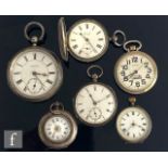 Six assorted silver and white metal pocket and fob watches to include a full hunter and lever