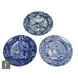 Three Wedgwood blue and white plates from the Old English Months series comprising March, August and