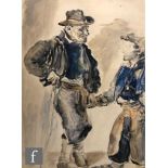 FRENCH SCHOOL (EARLY 20TH CENTURY) - Two farmers in conversation, watercolour, signed indistinctly