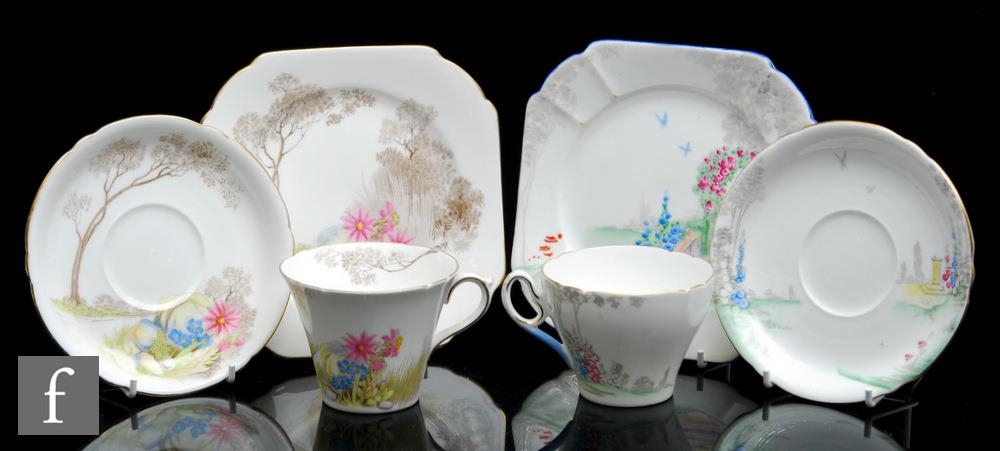 Two 1930s Shelley trios, the first a Perth shaped example decorated in the Rock Plants 0264 pattern,